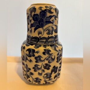 Blue and white floral Andrea by Sadek water bottle and tumbler set.